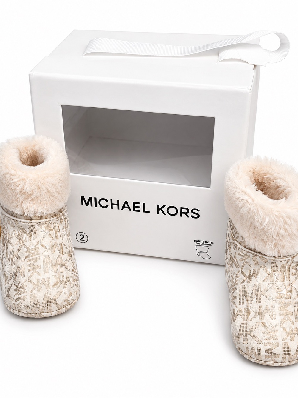 Michael Kors Infant Logo Booties with Cream Faux-Fur Cuff
